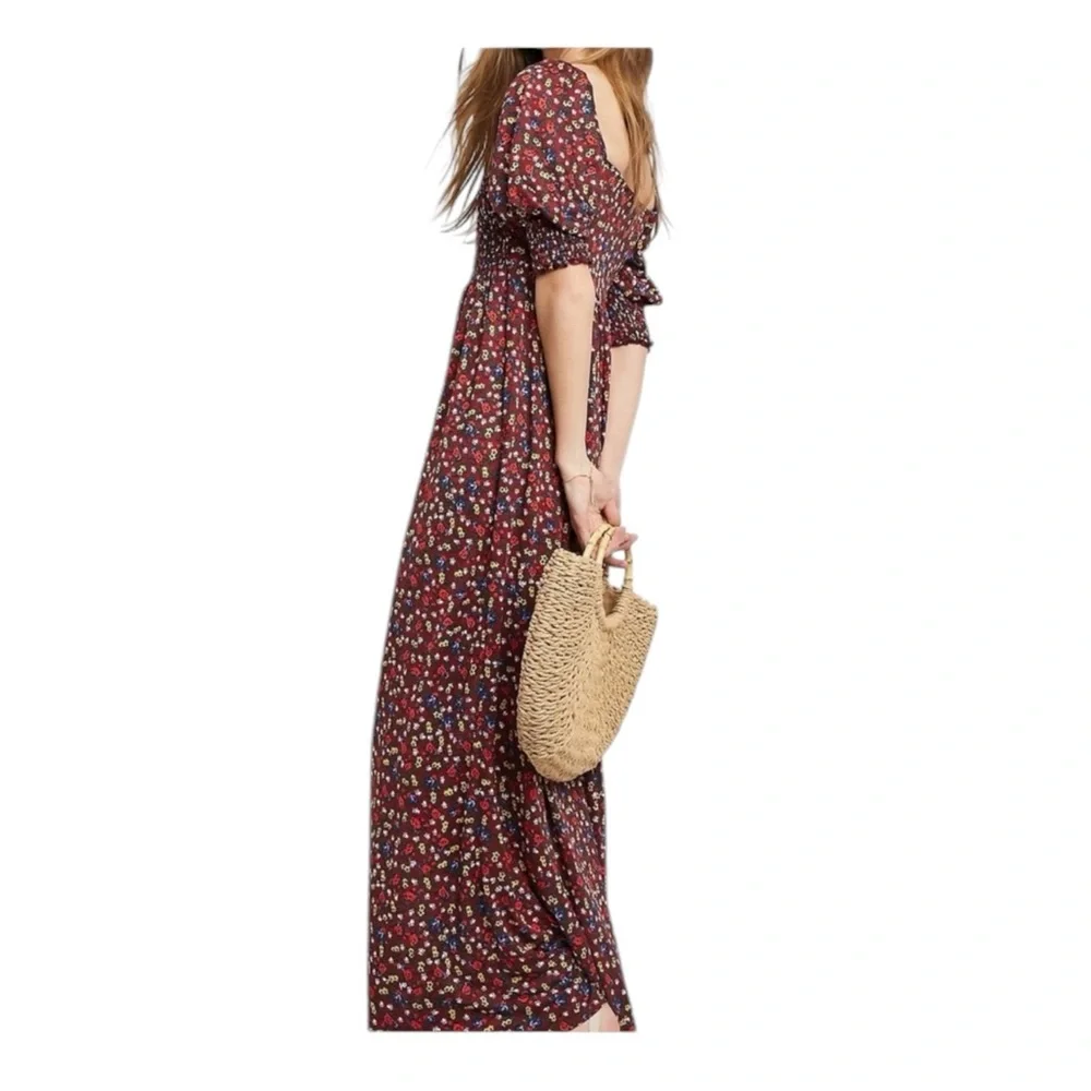 ASOS Burgundy Floral Smocked Puff Sleeve Maxi Dress Sundress Size US 16 - Picture 3 of 10